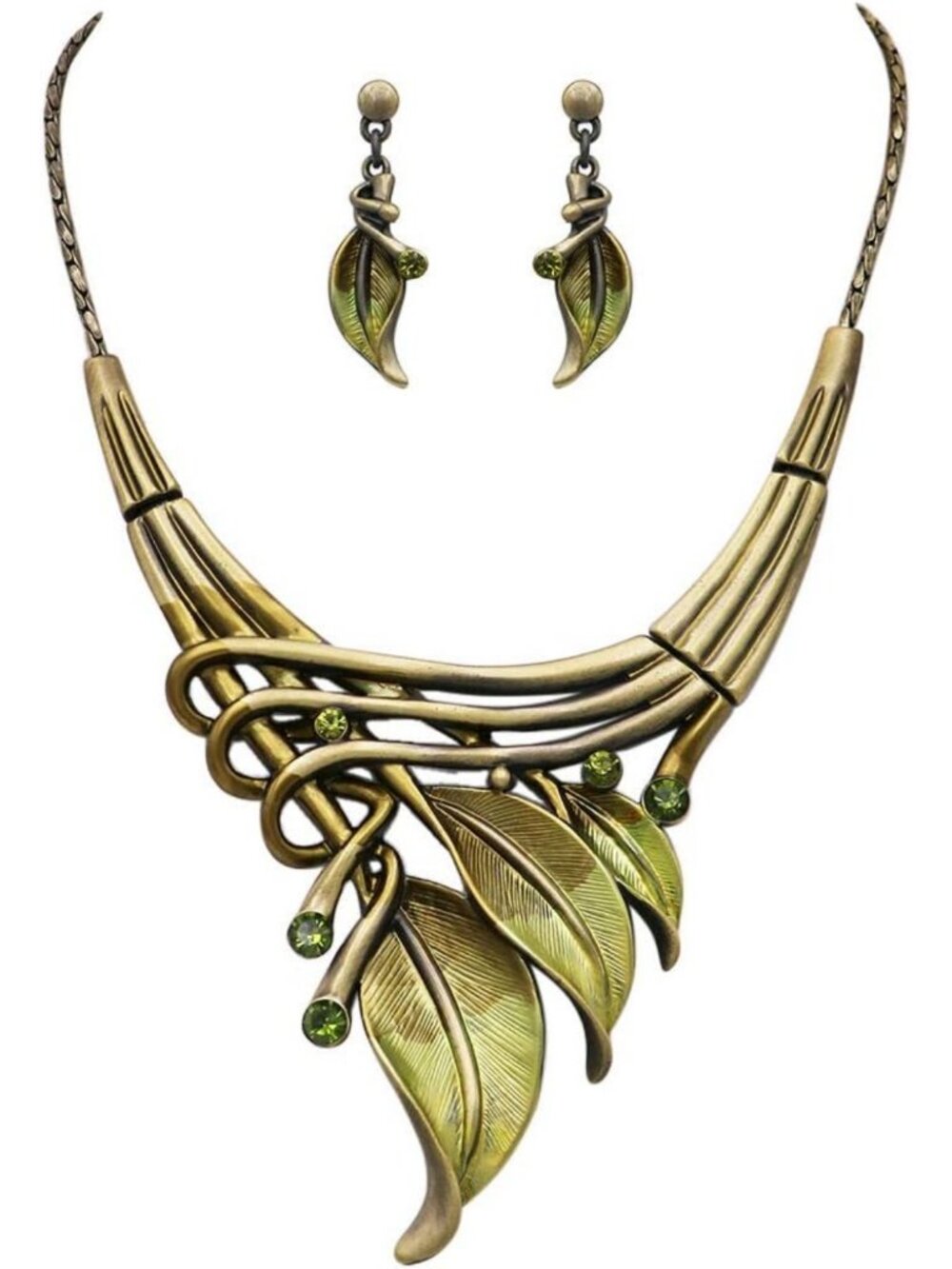 Stunning Crystal Rhinestone Leaf Statement Necklace & Earrings Set, 14"+3